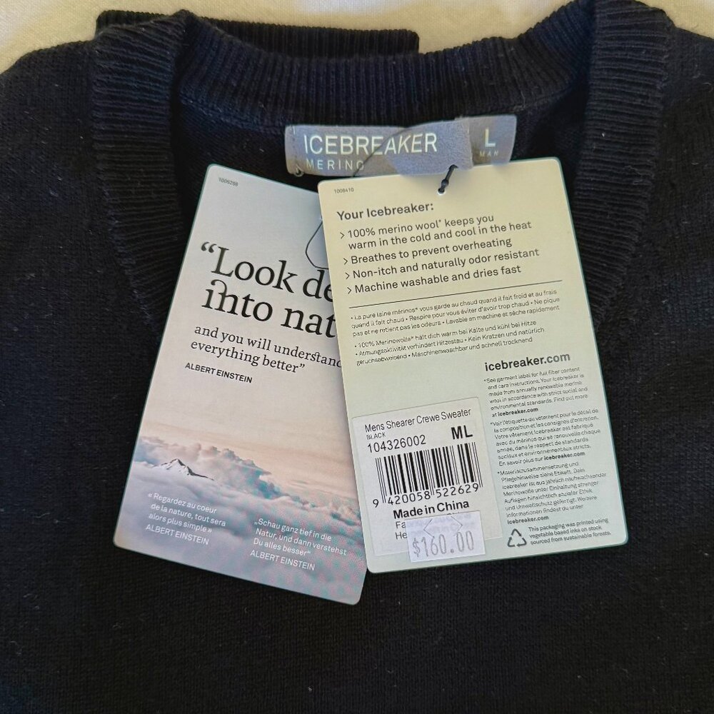 Mens Icebreaker Shearer Crewe Sweater L Black - 100% Merino Wool - New with Tags